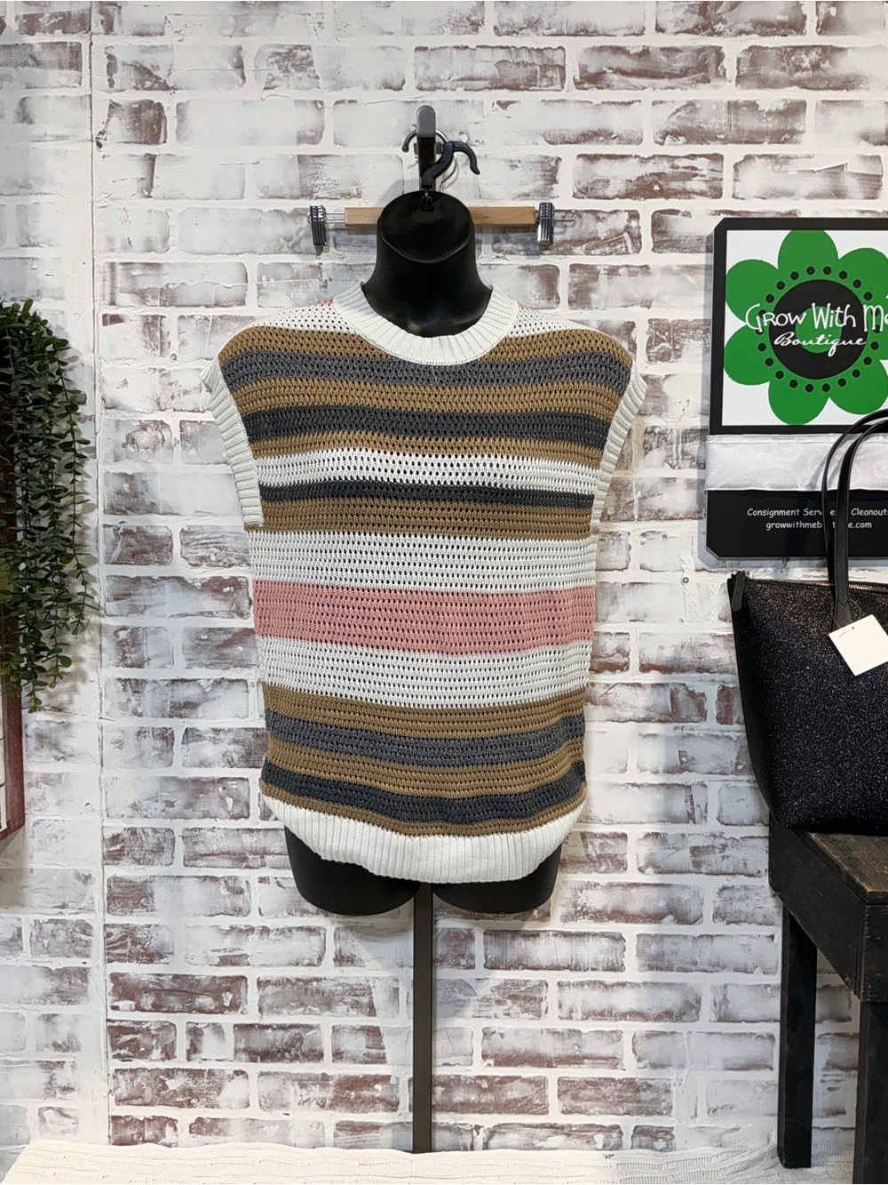 Striped Knit Sleeveless Sweater - White, Pink & Brown medium